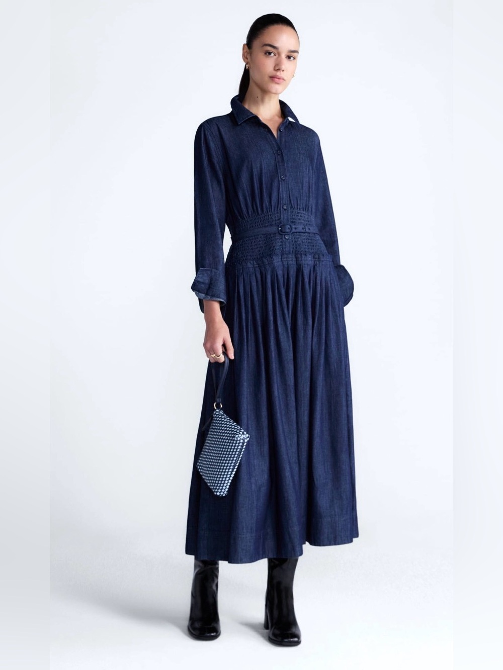Free Assembly Women’s Belted Smocked Waist Denim Midi ShirtDress